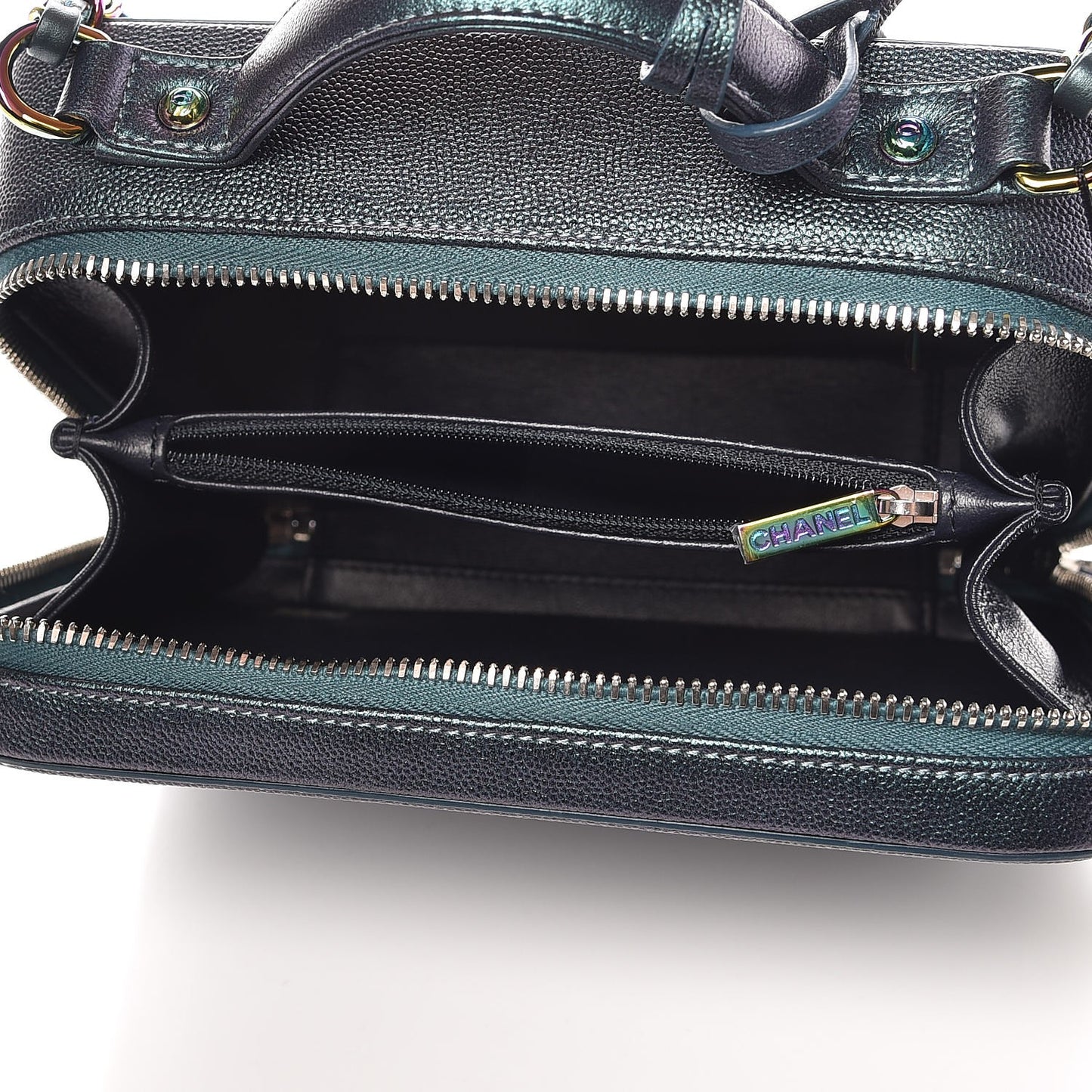 Iridescent Caviar Quilted Medium CC Filigree Vanity Case Dark Turquoise