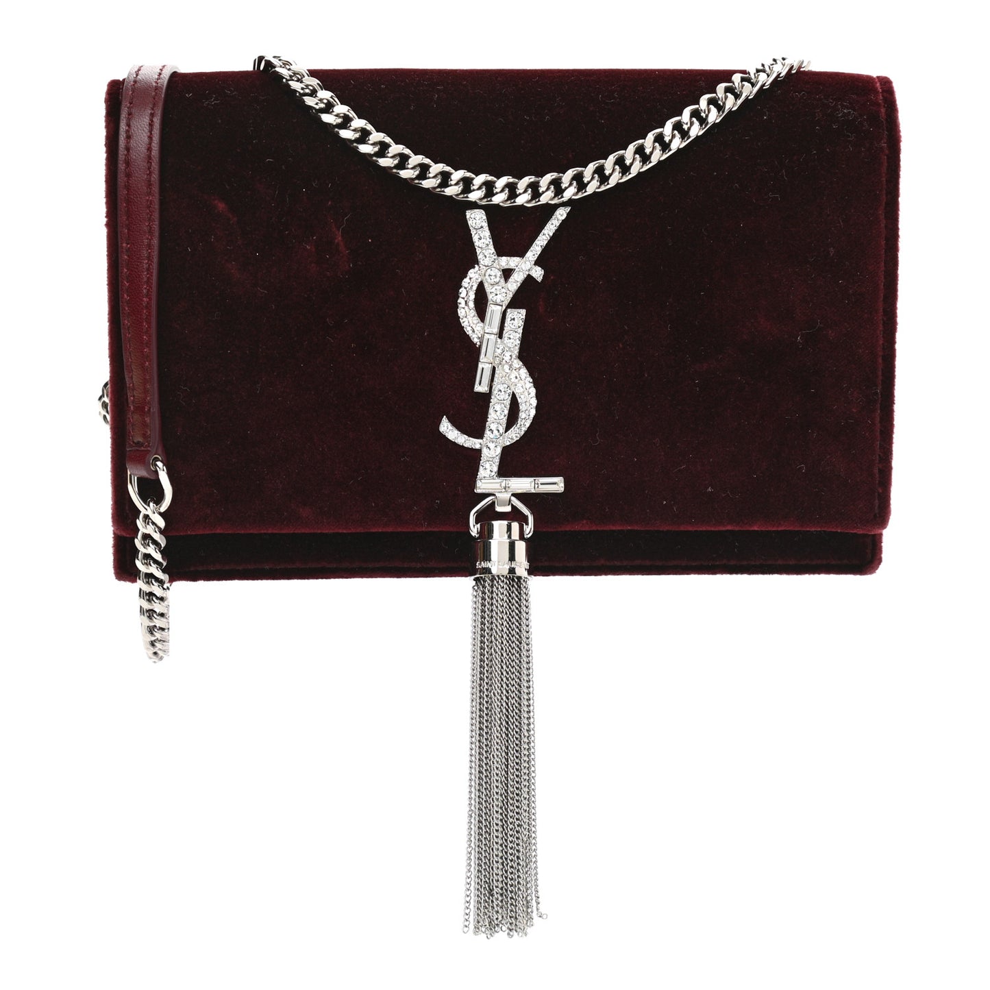 Velvet Crystal Monogram Kate Tassel Shoulder Bag Burgundy