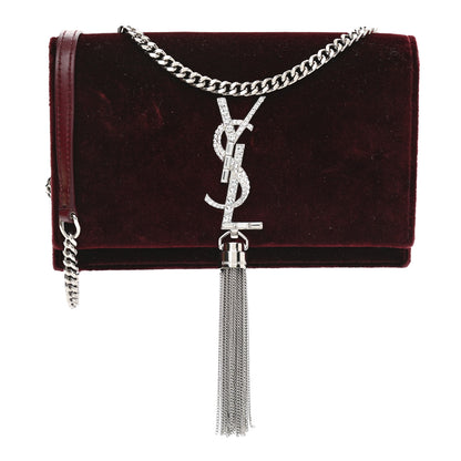 Saint Laurent Velvet Crystal Monogram Kate Tassel Shoulder Bag Burgundy 2 of 10