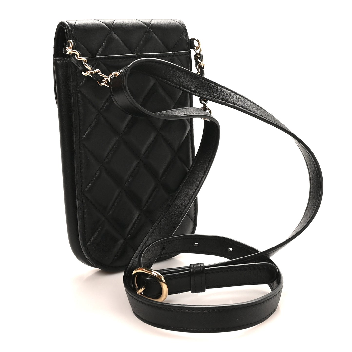 Lambskin Quilted Phone Chain Clutch Waist Bag Black