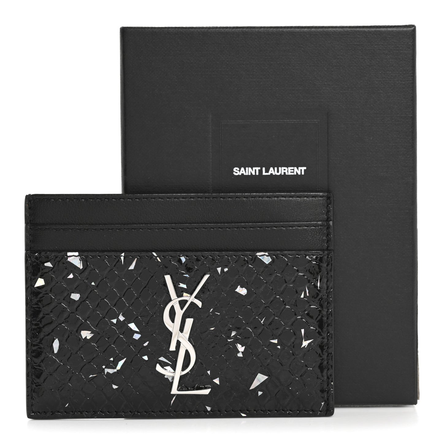 Patent Snakeskin Glitter Monogram Credit Card Case Black