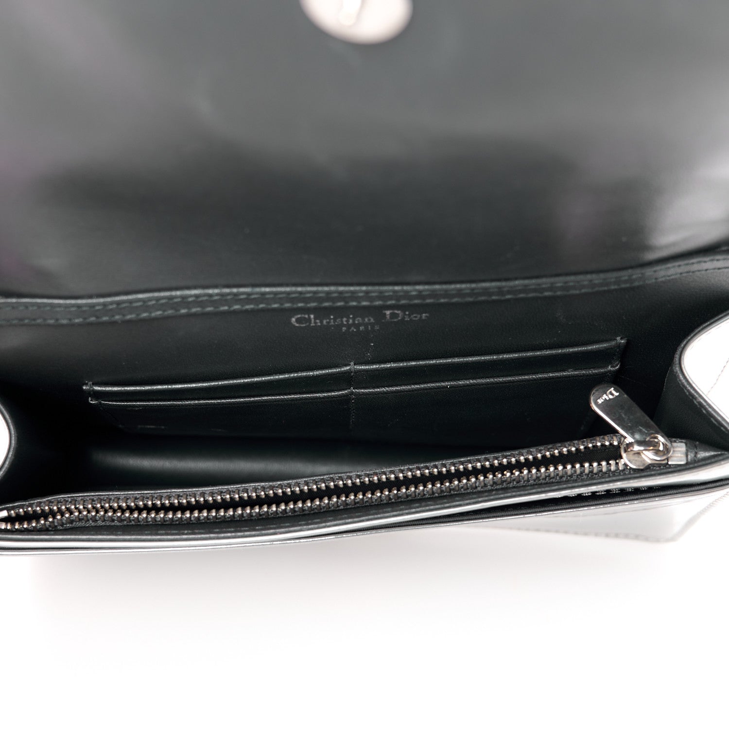 Christian Dior Metallic Patent Micro-Cannage Diorama Wallet on Chain Pouch Silver 5 of 11