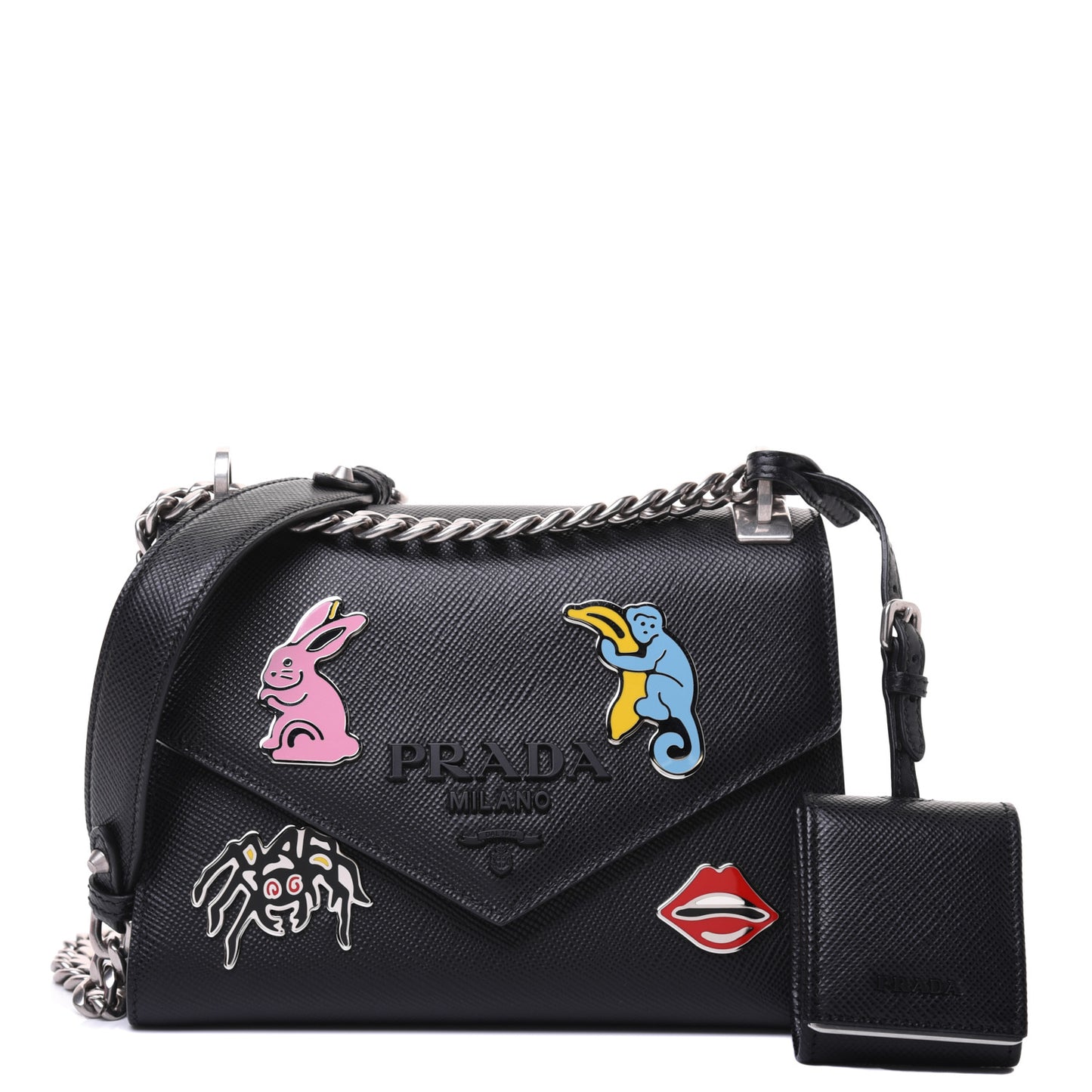 Saffiano Cuir Calfskin Monochrome Patches Envelope Flap Chain Shoulder Bag Black