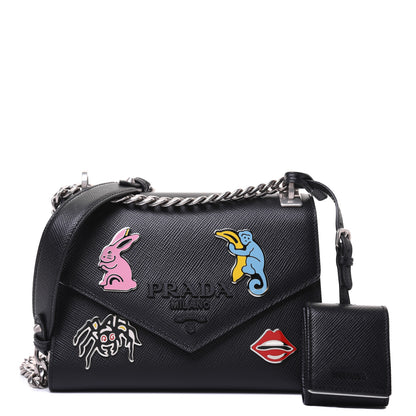 Prada Saffiano Cuir Calfskin Monochrome Patches Envelope Flap Chain Shoulder Bag Black 1 of 15