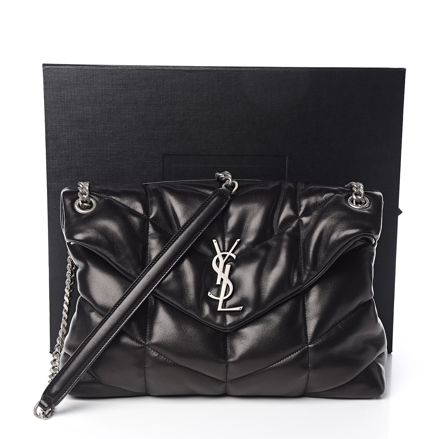 Lambskin Quilted Medium Loulou Puffer Monogram Chain Satchel Black