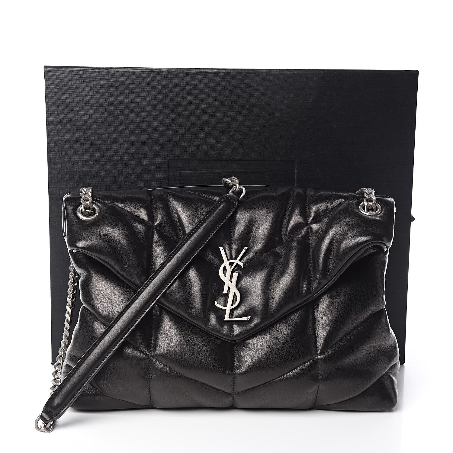 Saint Laurent Lambskin Quilted Medium Loulou Puffer Monogram Chain Satchel Black 11 of 11