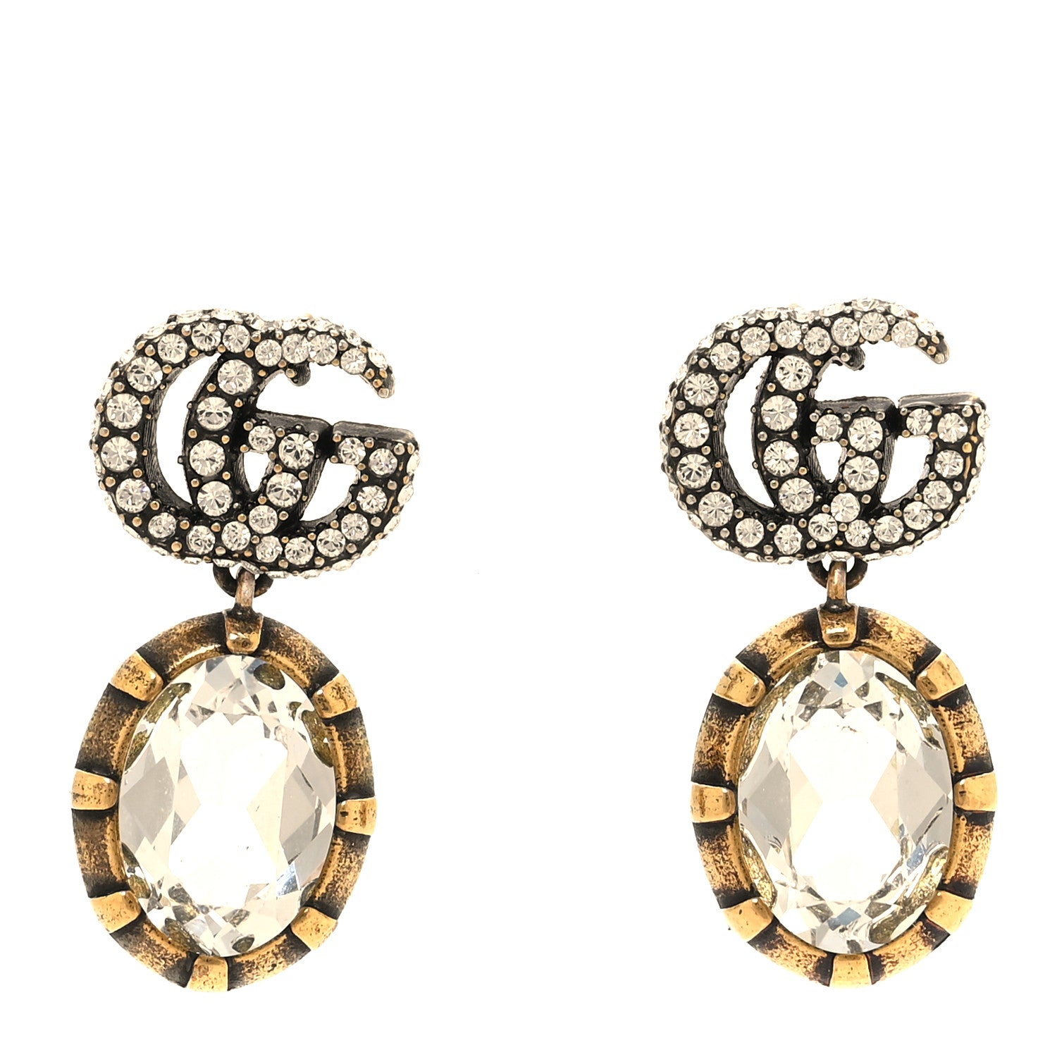 Gucci Metal Crystal Double G Drop Earrings Aged Gold 1 of 4