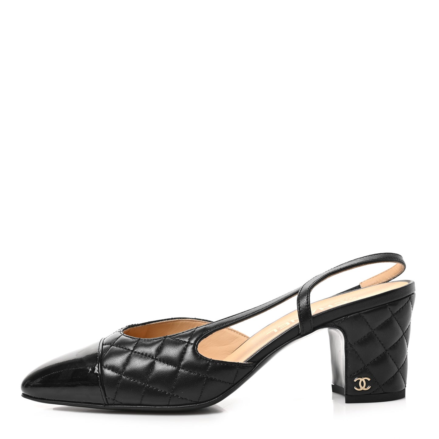 Lambskin Patent Calfskin Quilted Cap Toe CC Slingback Pumps 39.5 Black