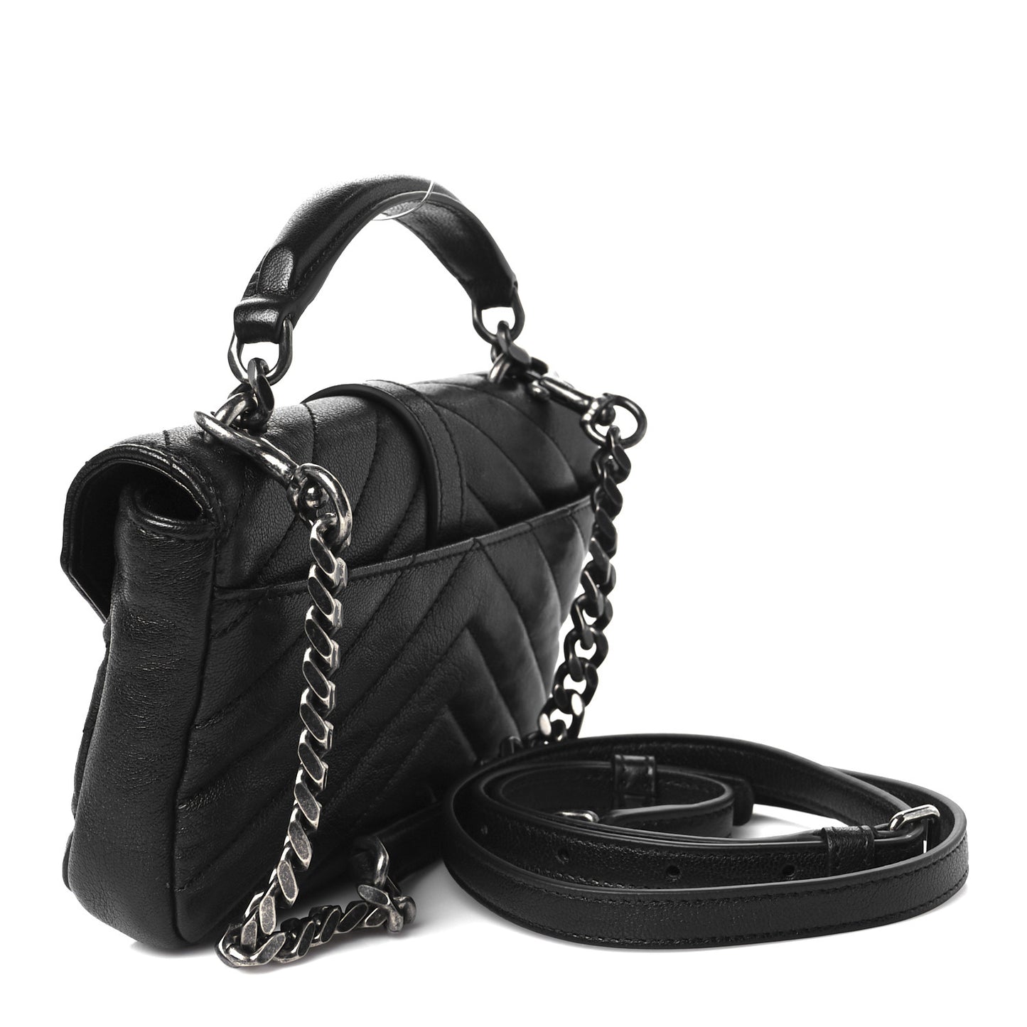 Calfskin Matelasse Chevron Heart Patchwork Monogram College Chain Wallet Black