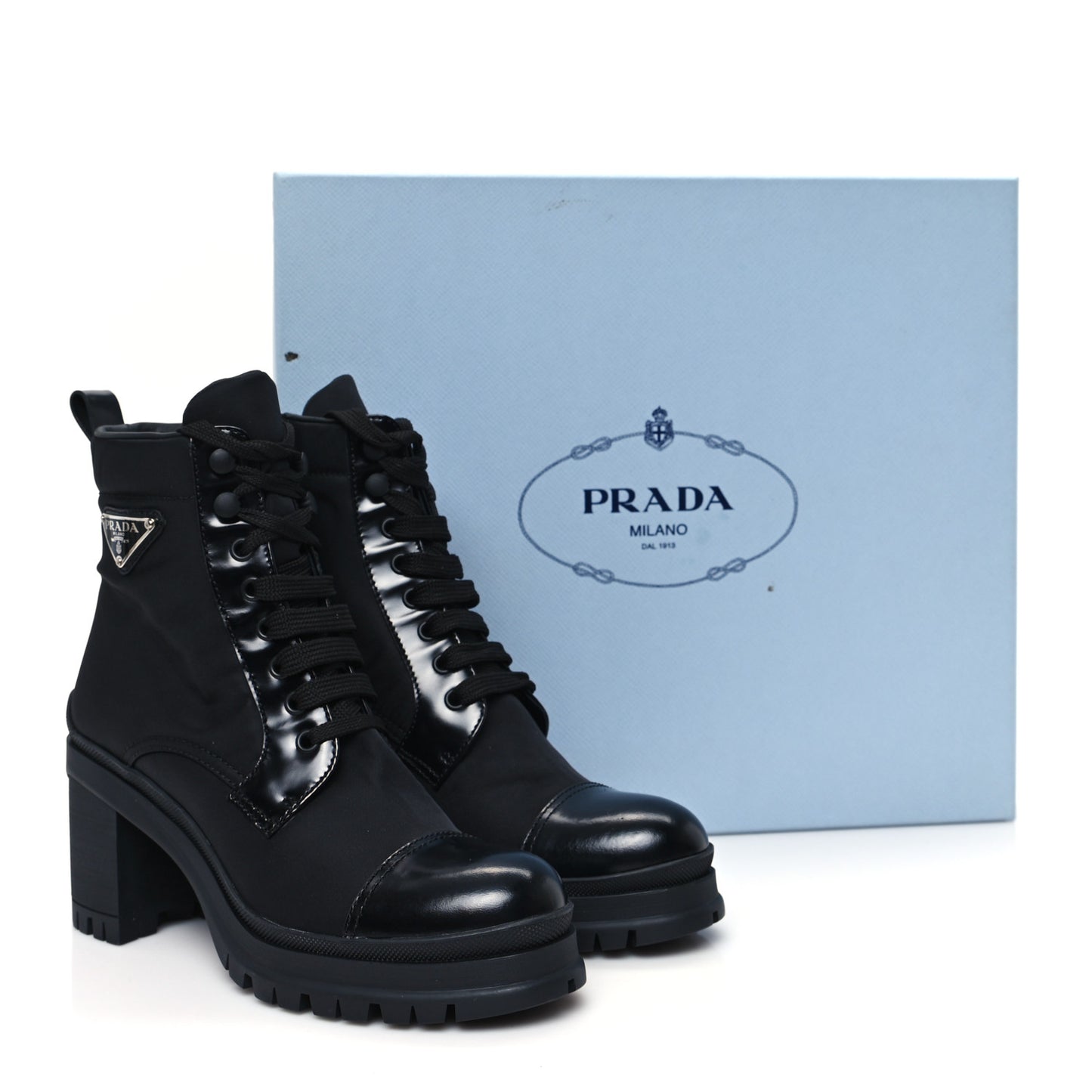 Spazzolato Re-Nylon Metal Triangle Logo Lace Up 55mm Ankle Boots 38 Black