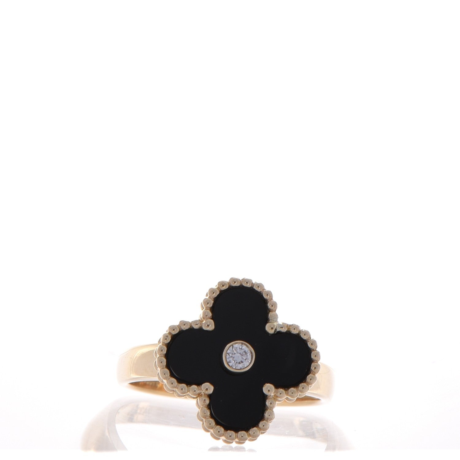 Van Cleef & Arpels 18K Yellow Gold Diamond Black Onyx Vintage Alhambra Ring 54 7 1 of 5