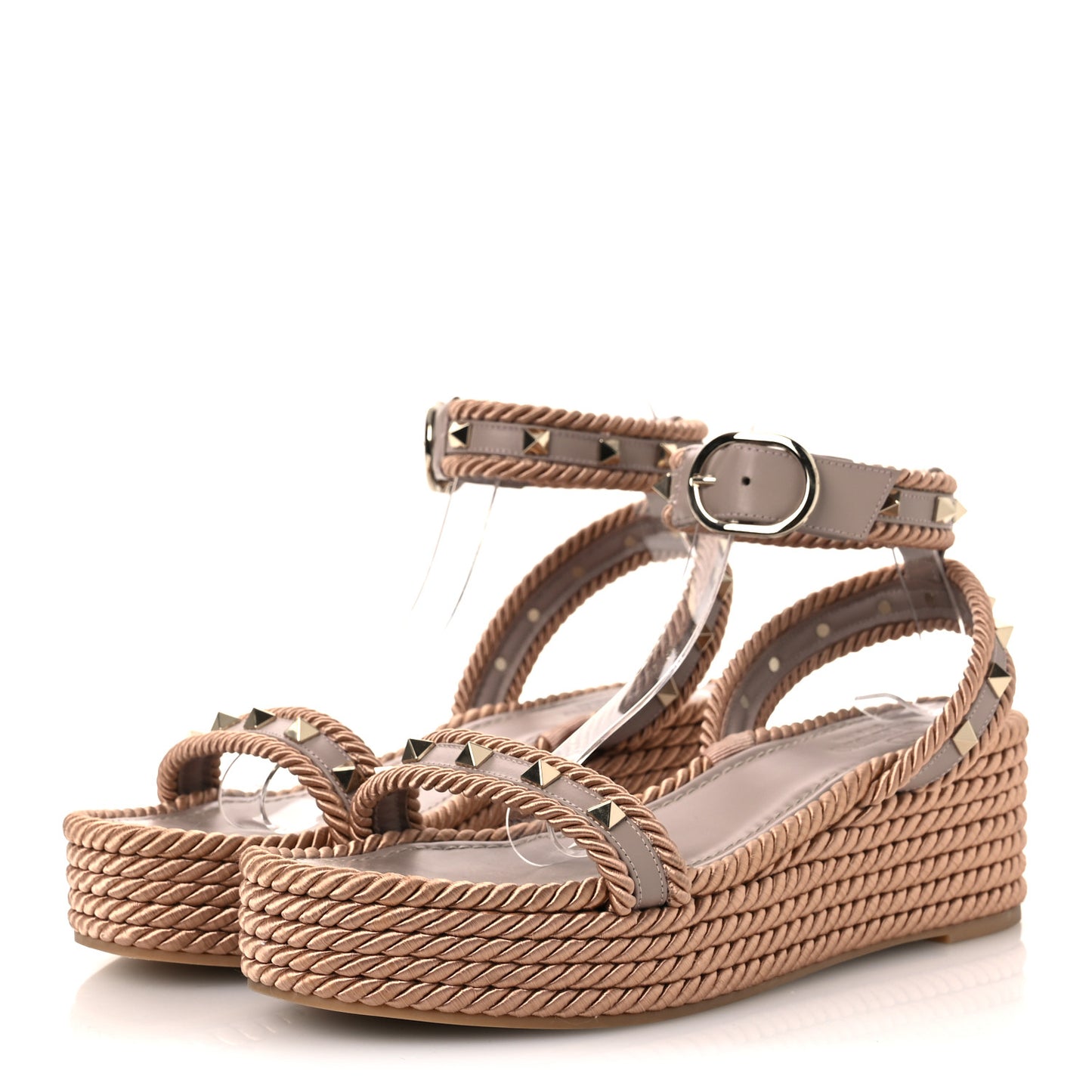 Calfskin Rockstud Rope Espadrille Flatform Sandals  40 Poudre