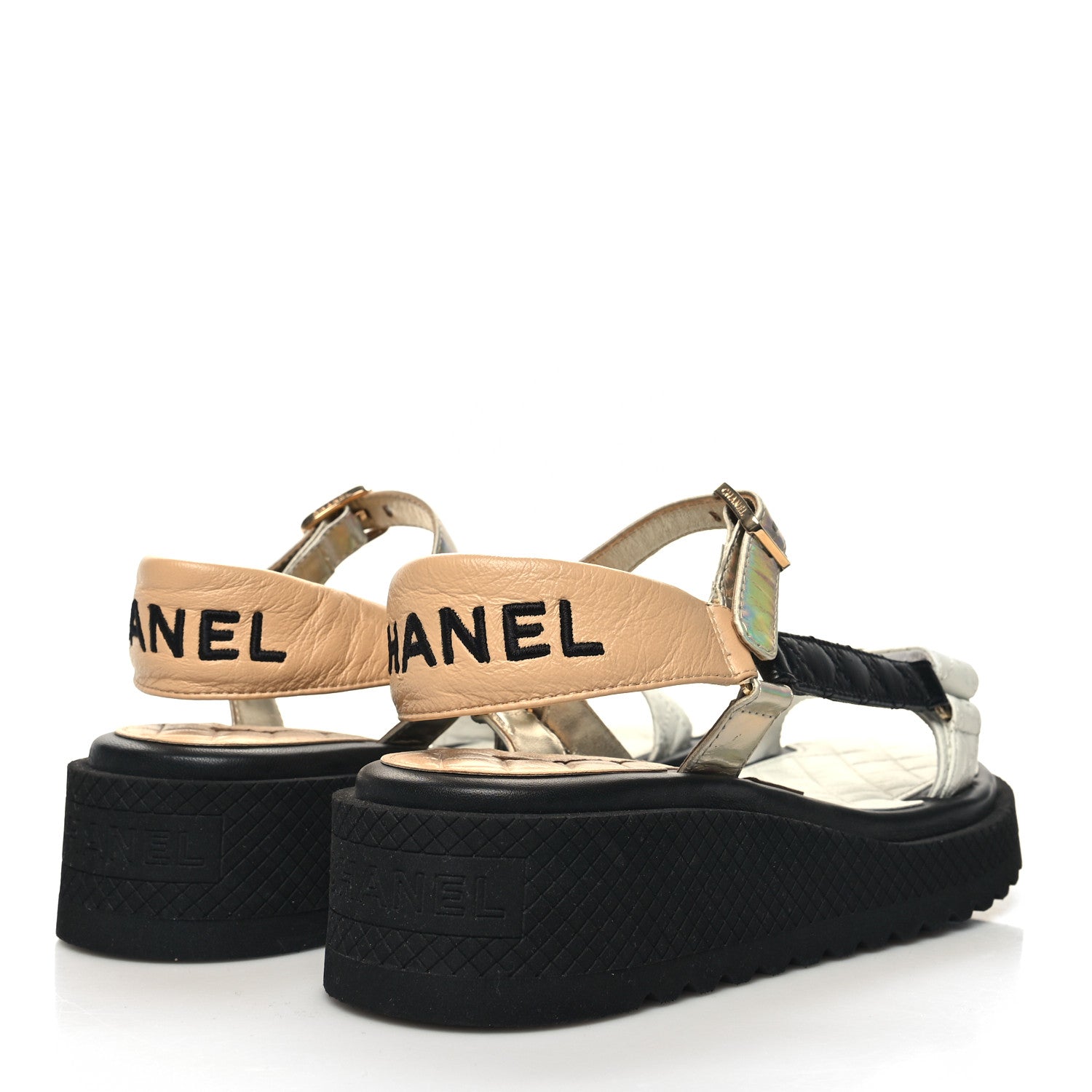 Chanel Lambskin Logo Platform Sandals 38 Beige Gold White 4 of 8