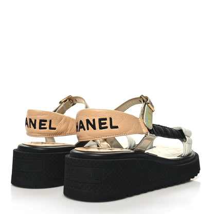 Chanel Lambskin Logo Platform Sandals 38 Beige Gold White 4 of 8