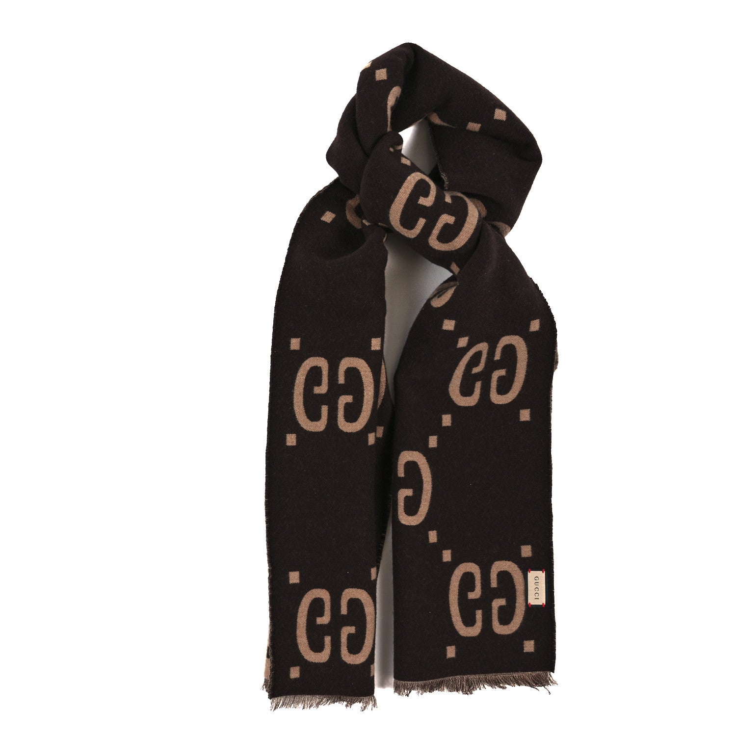 Gucci Wool Silk Monogram Jumbo GG Freedom Scarf Dark Brown Beige 1 of 3