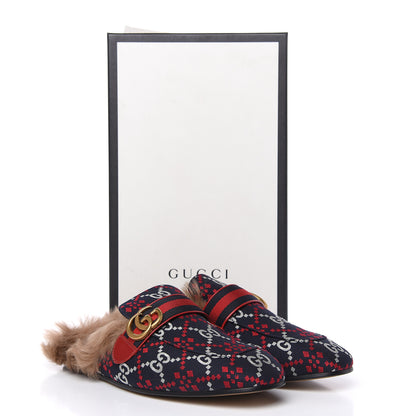 Gucci Canvas GG Monogram Diamond Fur Web GG Mens Princetown Slippers 9 Midnight Blue Hibiscus Red 8 of 8