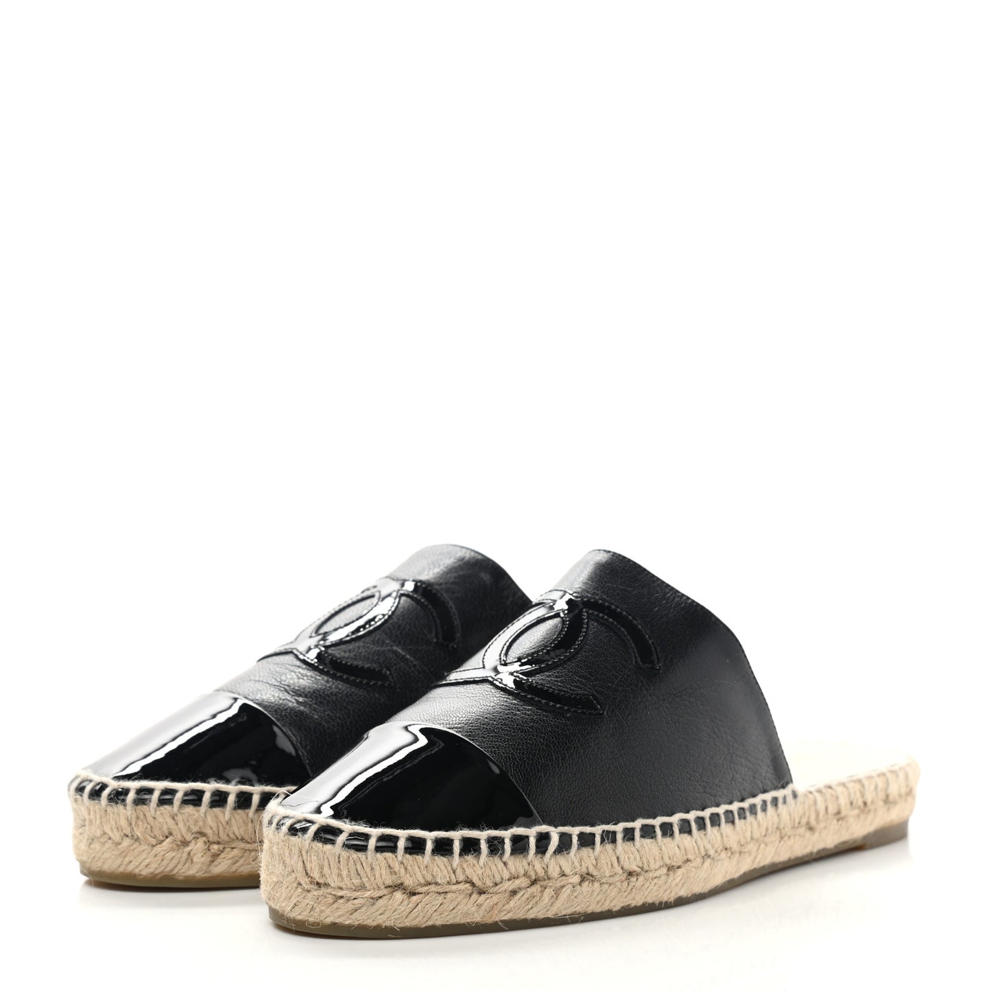 Iridescent Goatskin Patent CC Espadrille Mules 39 Black