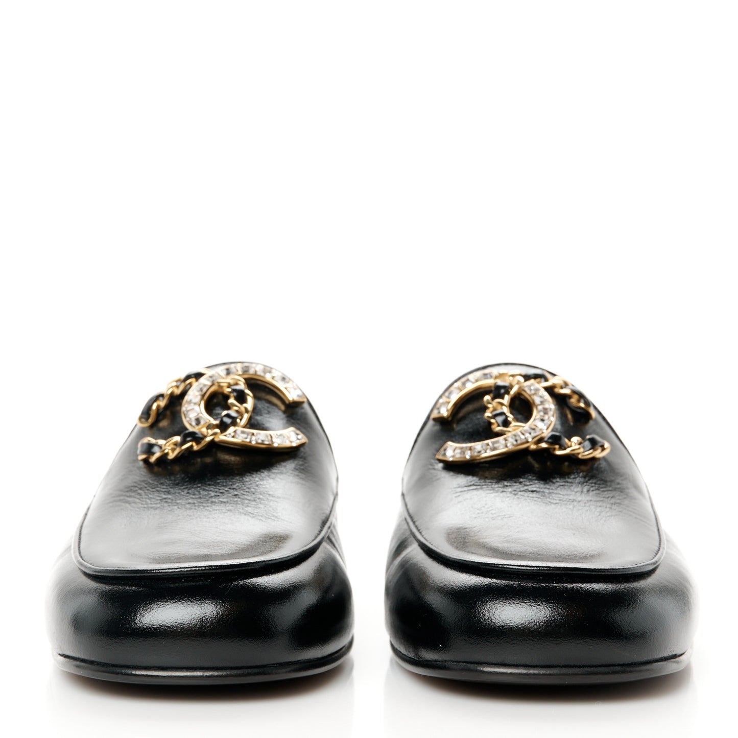Shiny Calfskin Crystal CC Mules 36 Black