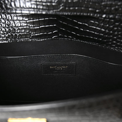 Saint Laurent Shiny Calfskin Crocodile Embossed Manhattan Baguette Black 6 of 10
