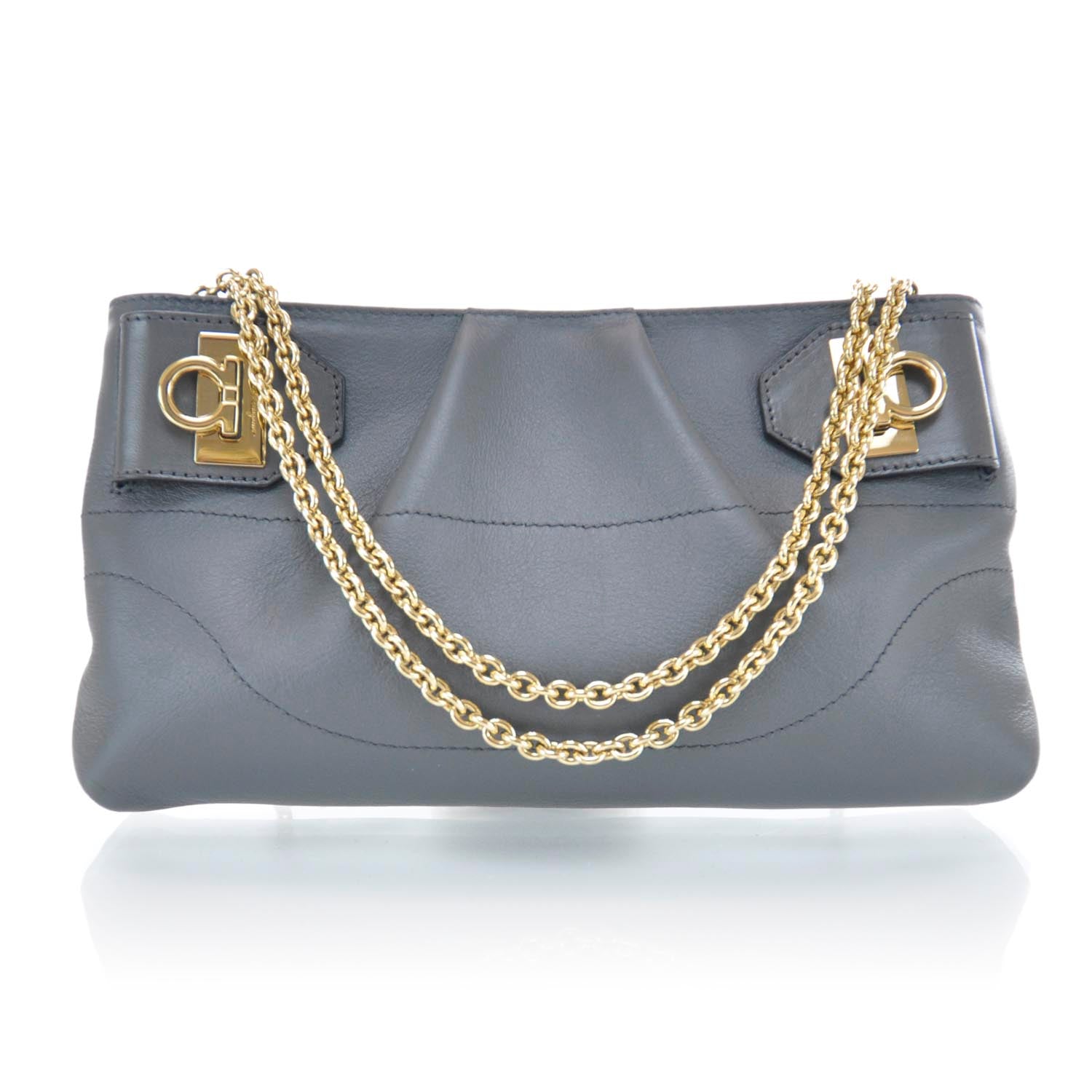 FASHIONPHILE SALVATOREFERRAGAMOSoftCalfWGanciniClutchCharcoal 1 of 9