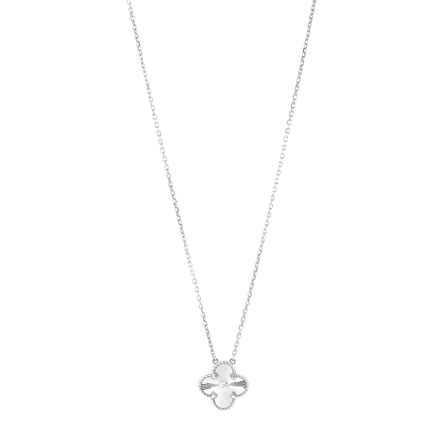 18K White Gold Diamond Guilloche Vintage Alhambra Pendant Necklace