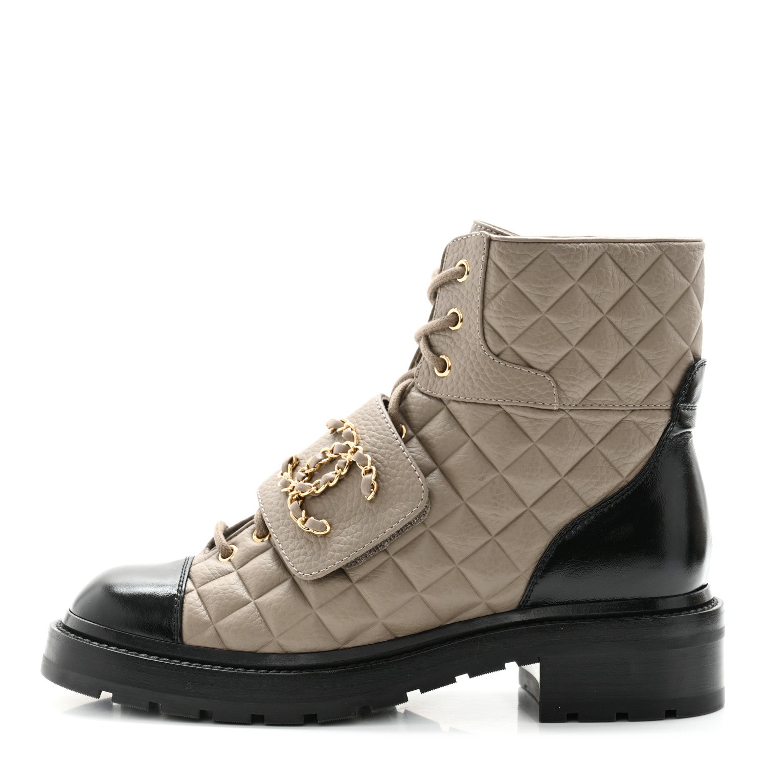 Chanel Calfskin Shiny Calfskin Quilted Lace Up Combat Boots 38.5 Dark Beige Black 1 of 13