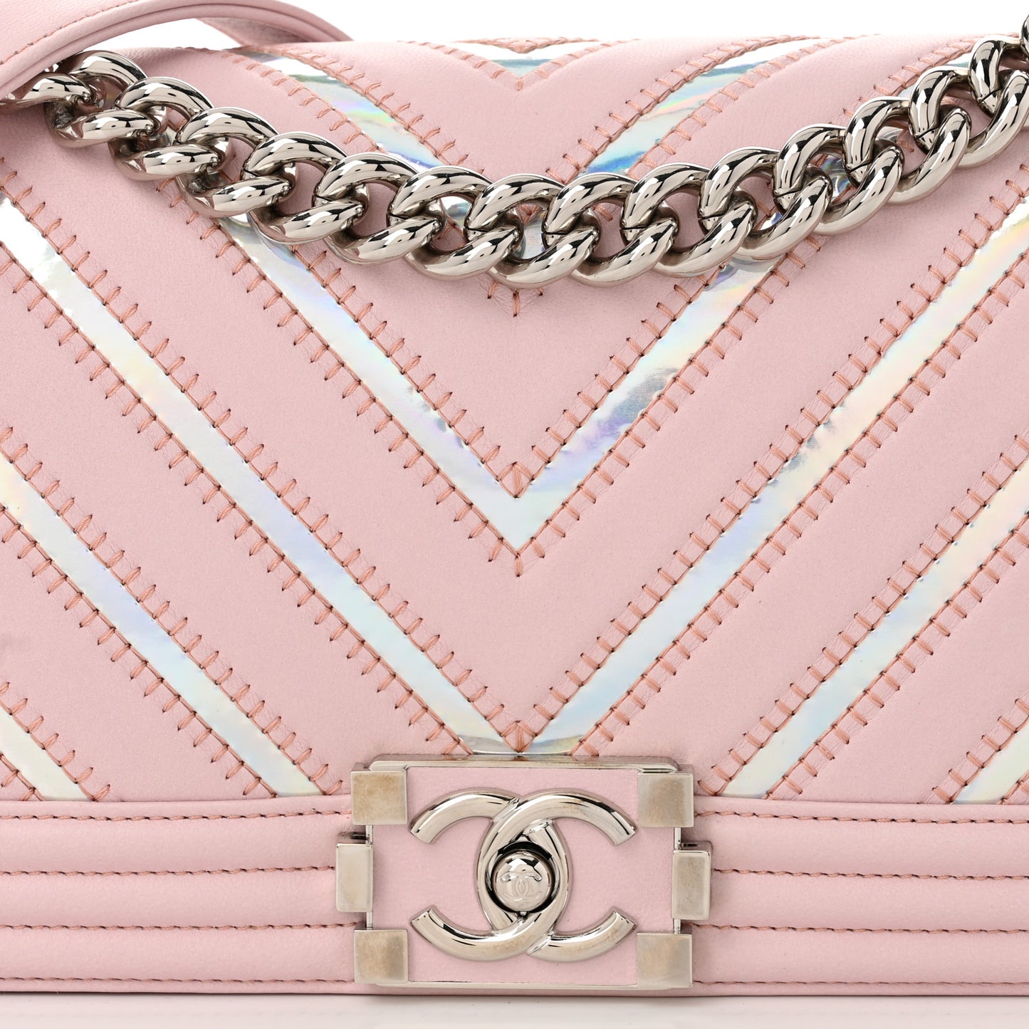 Lambskin Iridescent PVC Chevron Quilted Medium Boy Flap Pink Silver