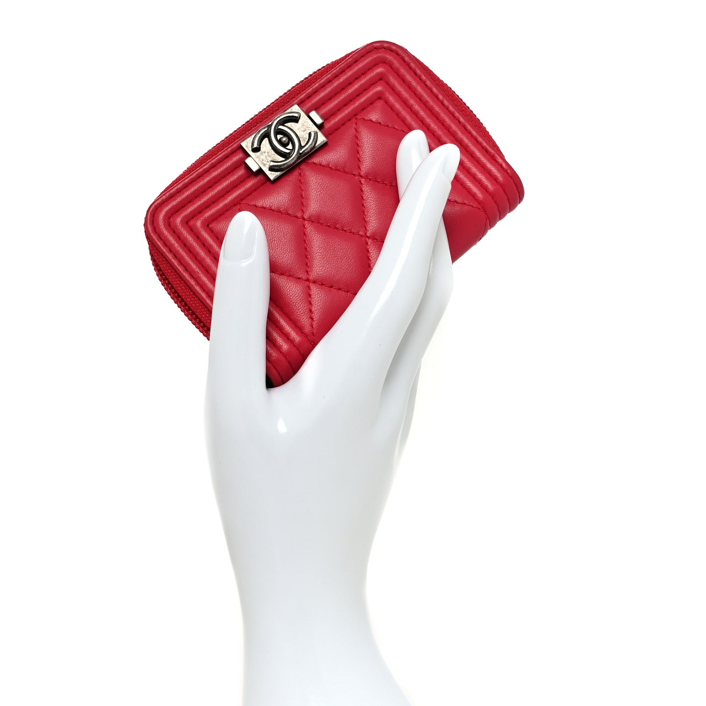 Lambskin Quilted Boy Zip Around Coin Purse Wallet Red