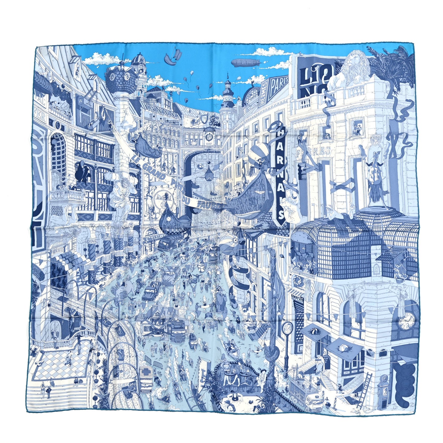 Silk Le Grand Prix du Faubourg Scarf 90 Bleu Azur Bleu Jean White