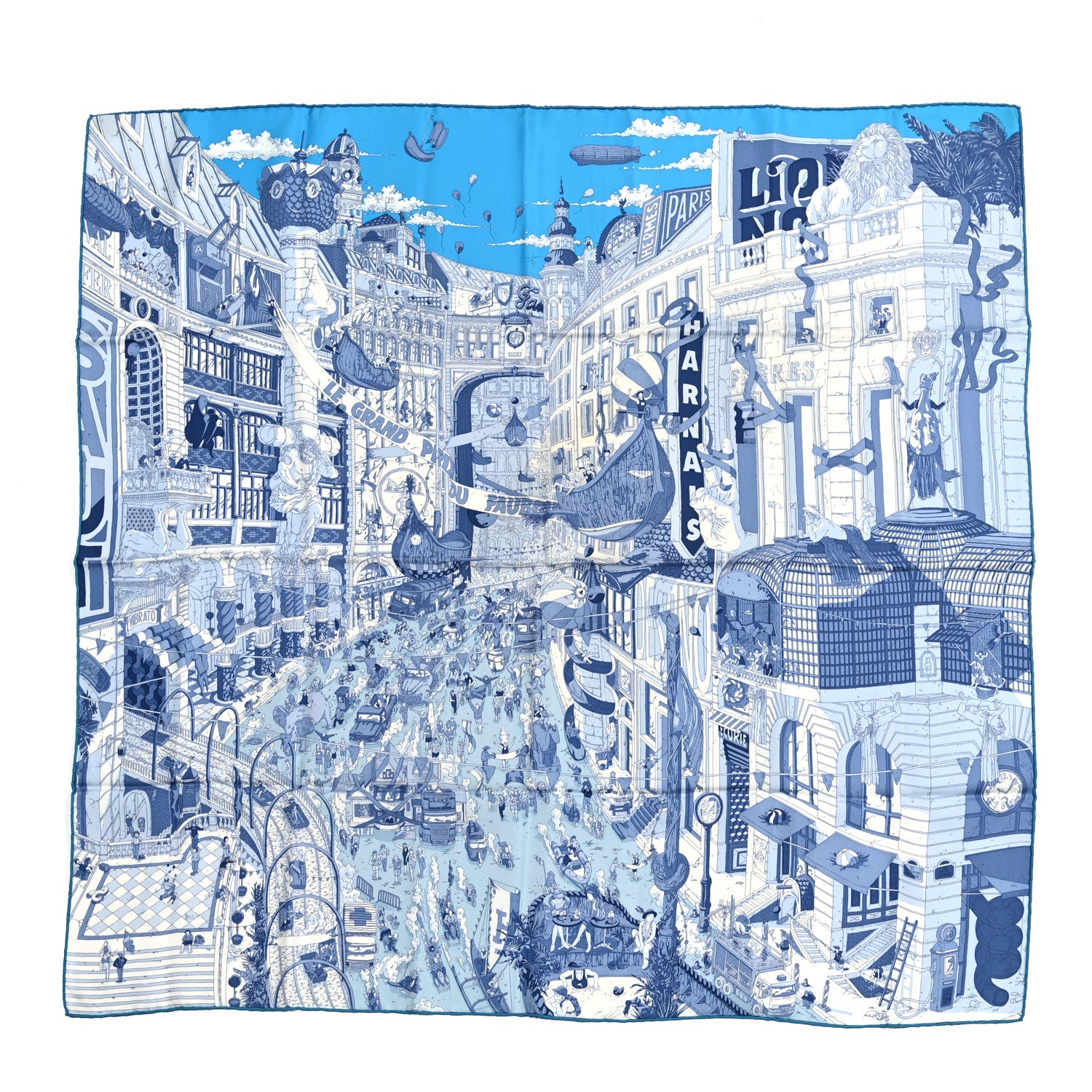 Hermes Silk Le Grand Prix du Faubourg Scarf 90 Bleu Azur Bleu Jean White 1 of 6