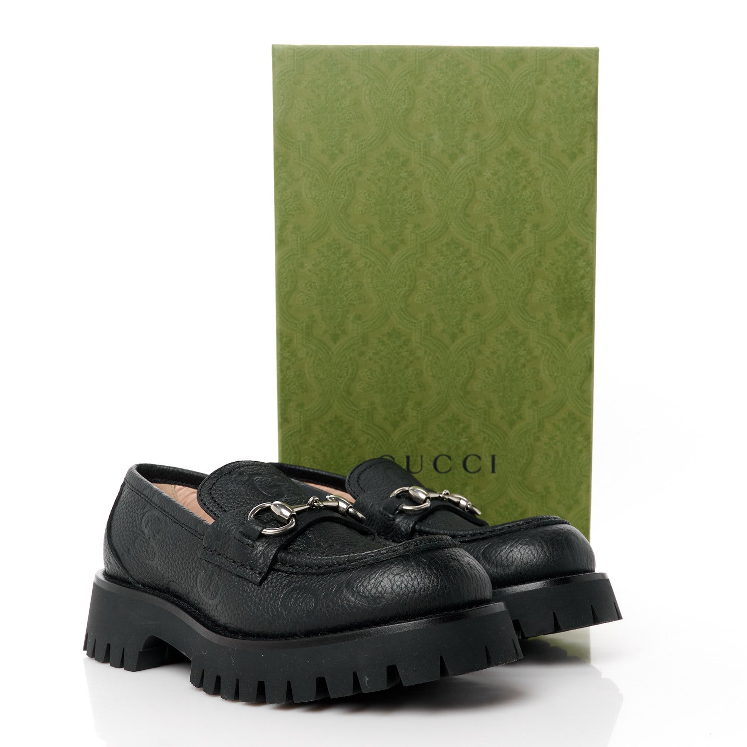 Gucci Piuma Calfskin Embossed Womens Platform Lug Sole Loafers 37.5 Black 10 of 10