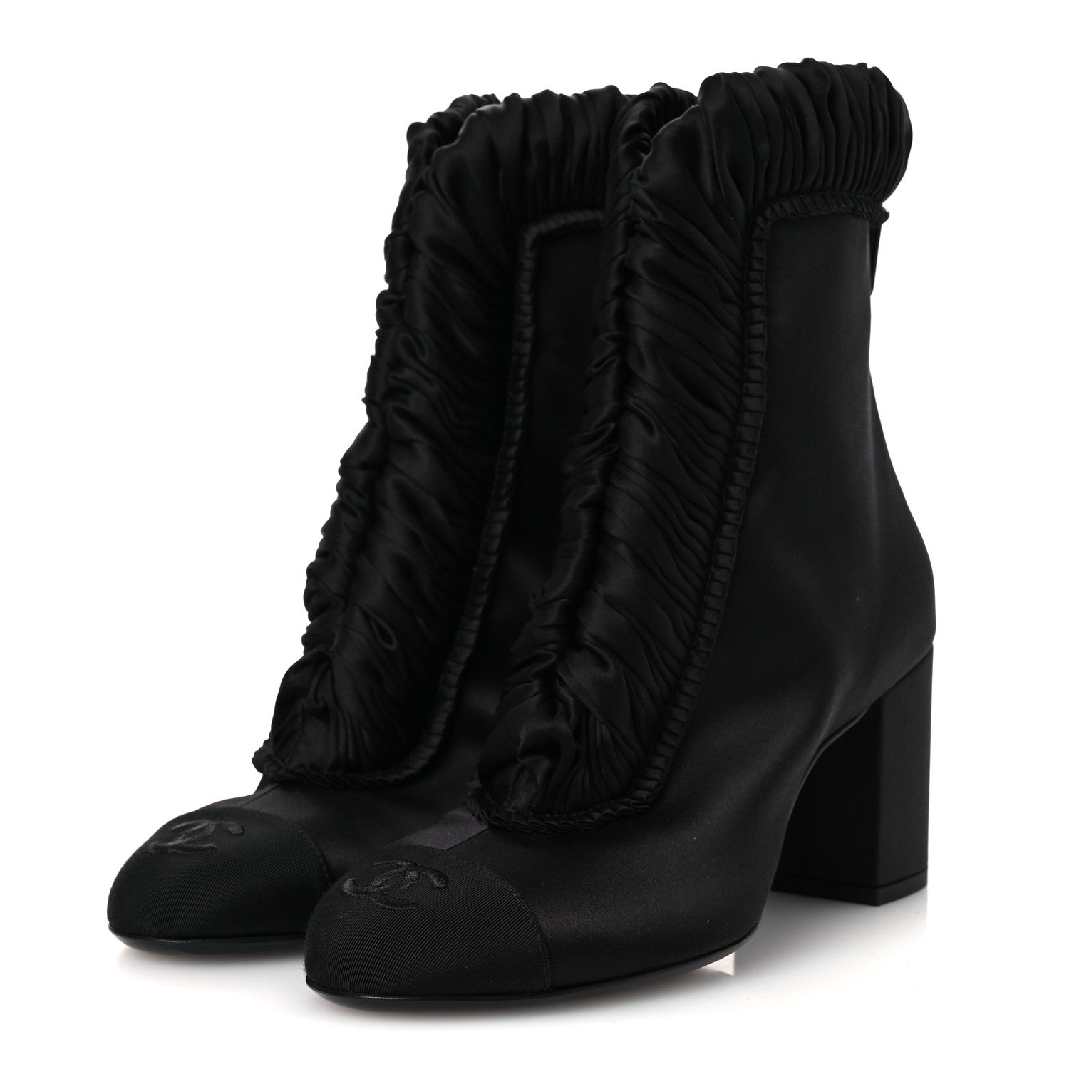 Chanel Satin Grosgrain Cap Toe Ruffle Boots Black 37.5 Black 4 of 10