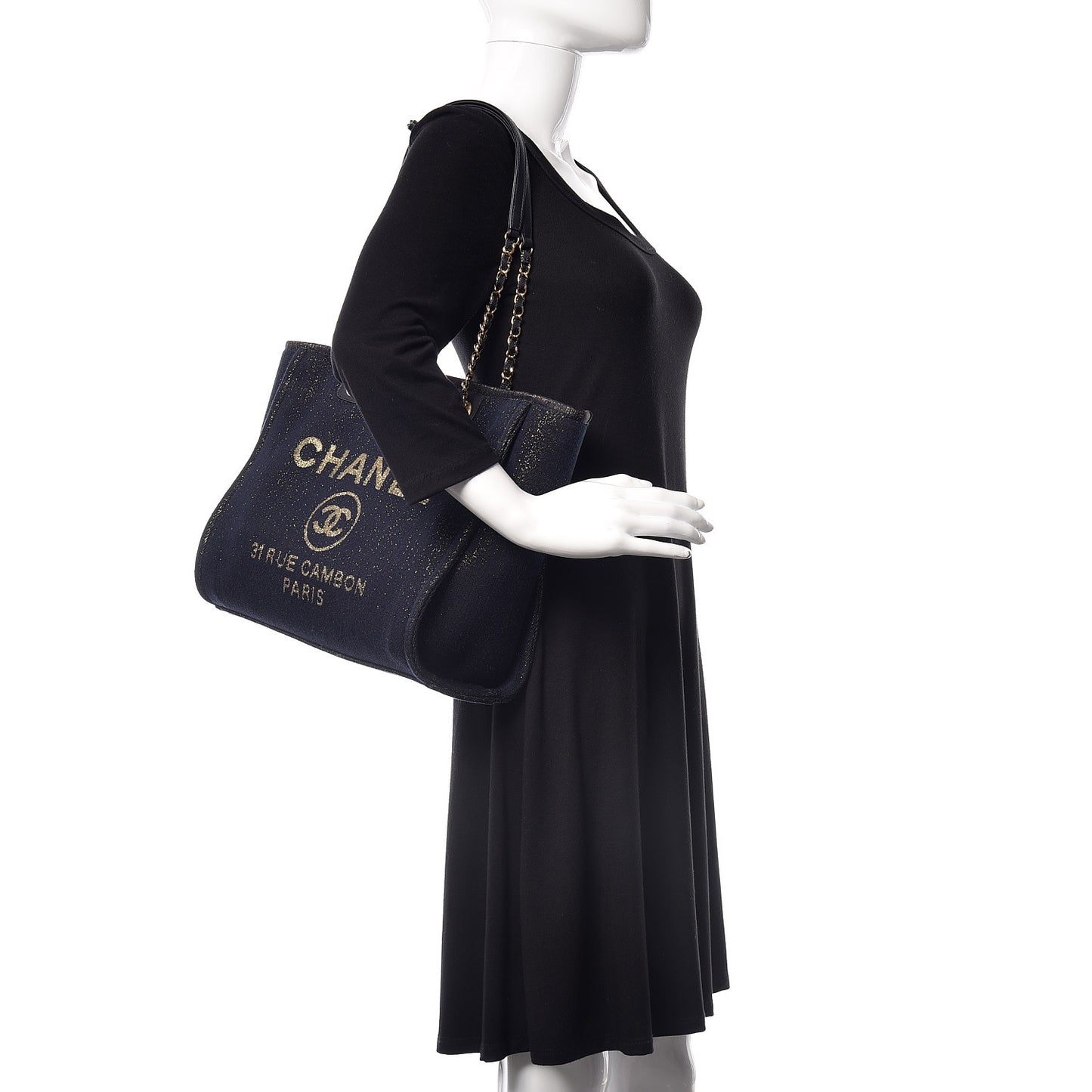Lurex Canvas Small Deauville Tote Navy Blue Gold