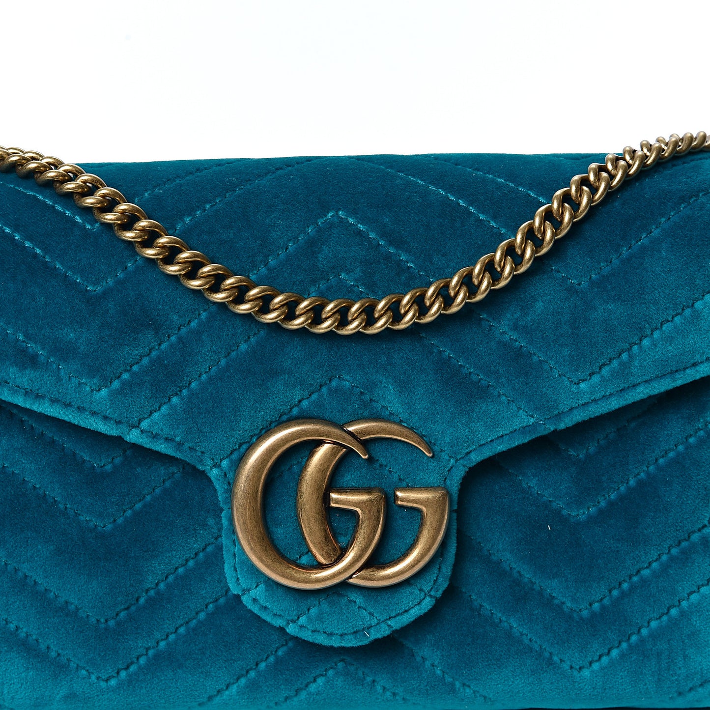Velvet Matelasse GG Marmont Chain Wallet Pavone Cyan