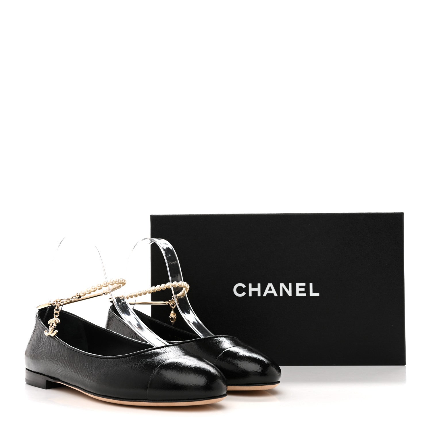 CHANEL アンクレット Chanel Shiny Lambskin Pearl Cap Toe Ankle Chain Ballerina Flats 39