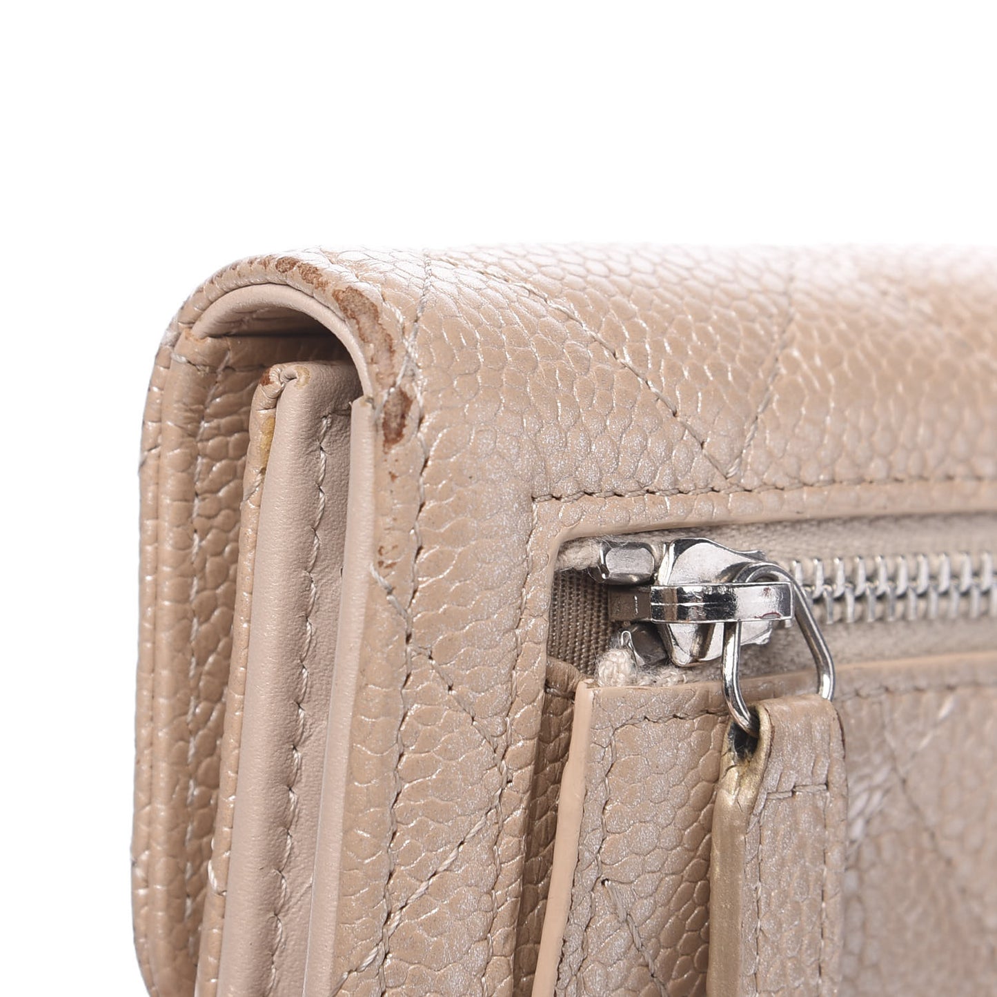 Iridescent Caviar Quilted Flap Card Holder Wallet Beige