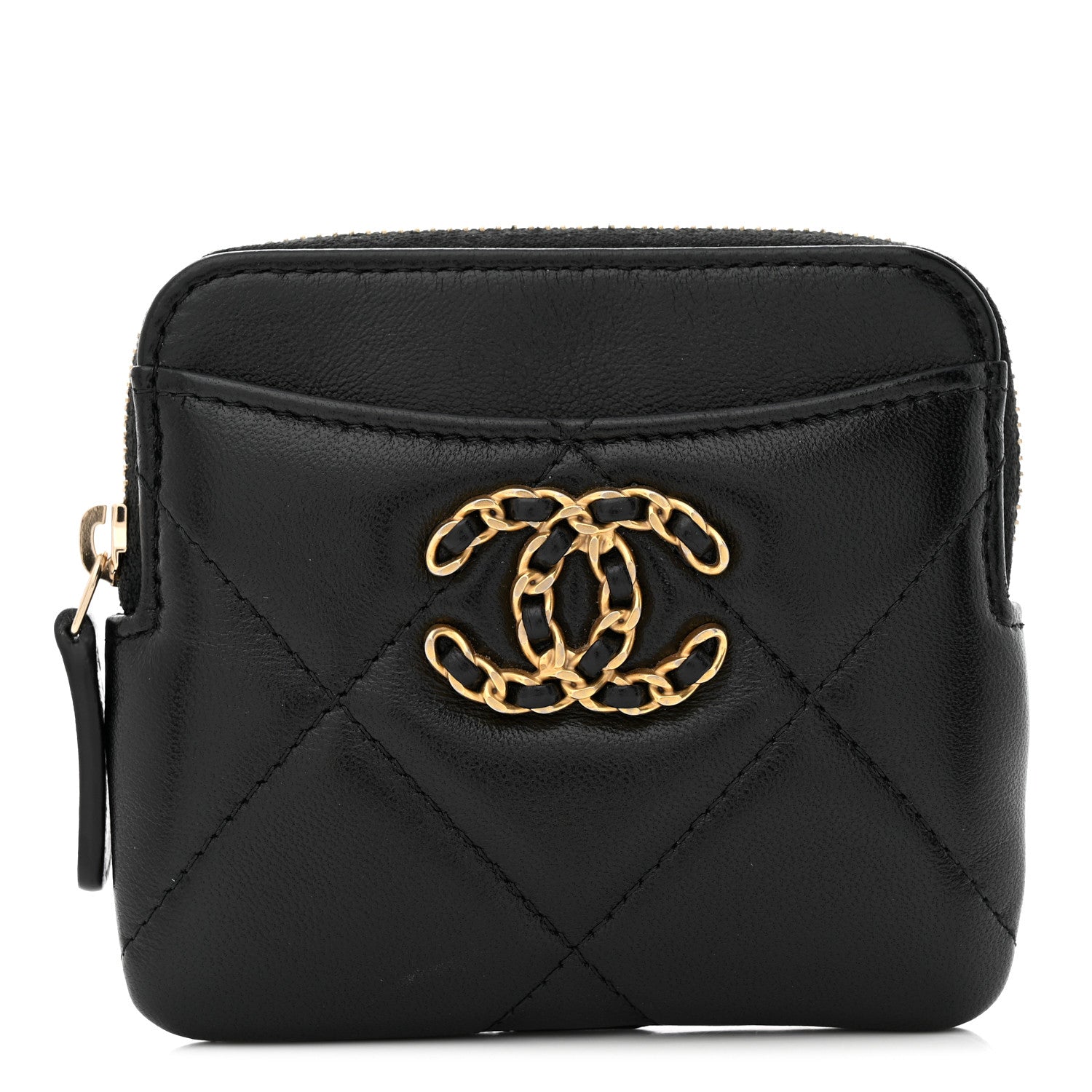 Chanel Lambskin Quilted Chanel 19 Zip Card Holder Wallet Black 1 of 8