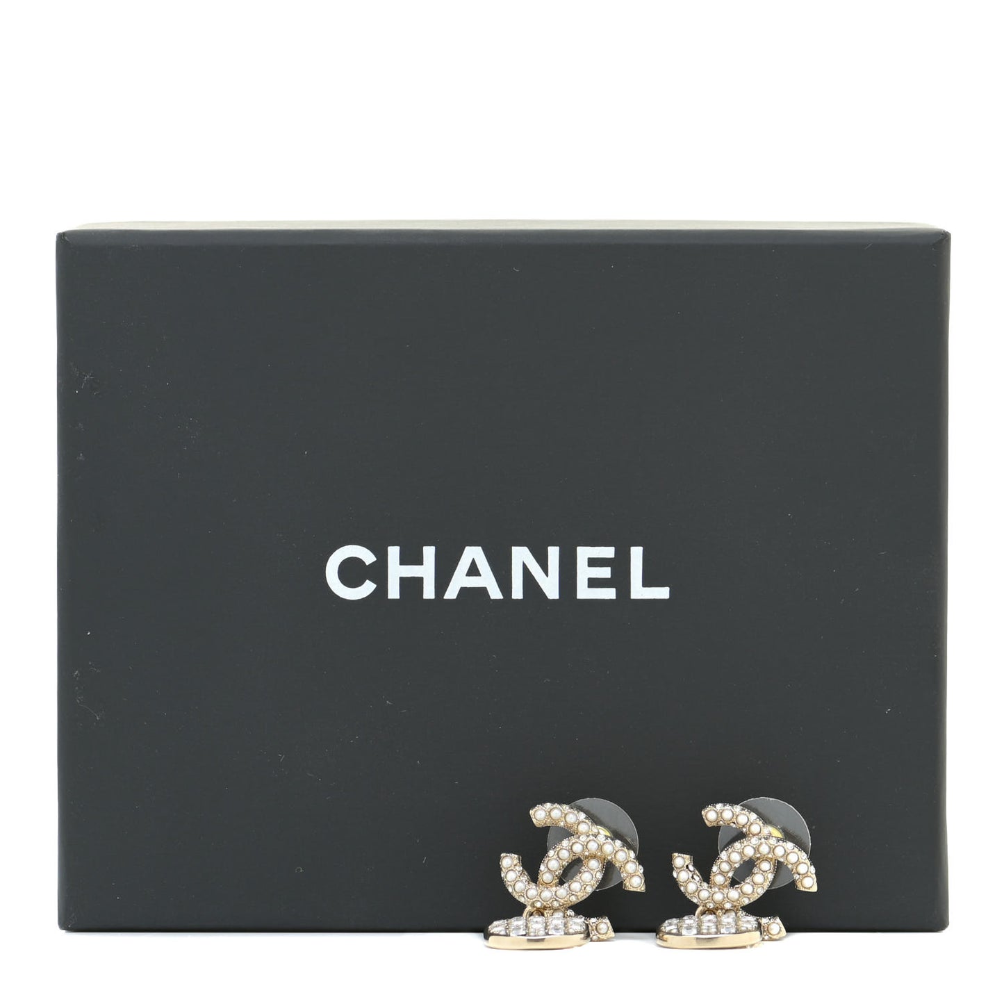 Pearl Baguette Crystal CC Drop Earrings Gold