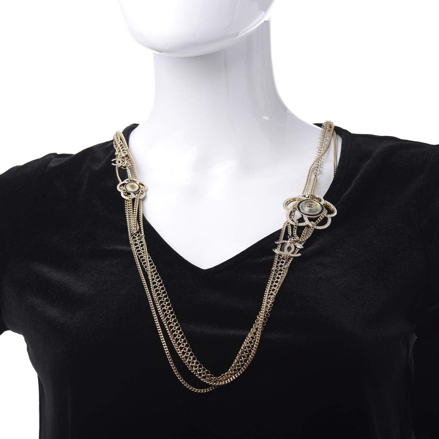 Chanel Resin Crystal CC Camellia Long Necklace Gold 2 of 4