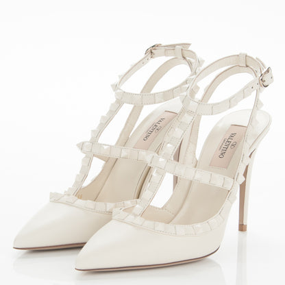 Valentino Garavani Calfskin Lacquered Monochrome Rockstud Ankle Strap 100mm Pumps 38 Ivory 3 of 6
