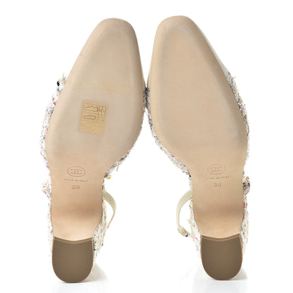 Chanel Tweed Lambskin Cap Toe CC Slingback Pumps 36 Brown Ecru Green White 5 of 8