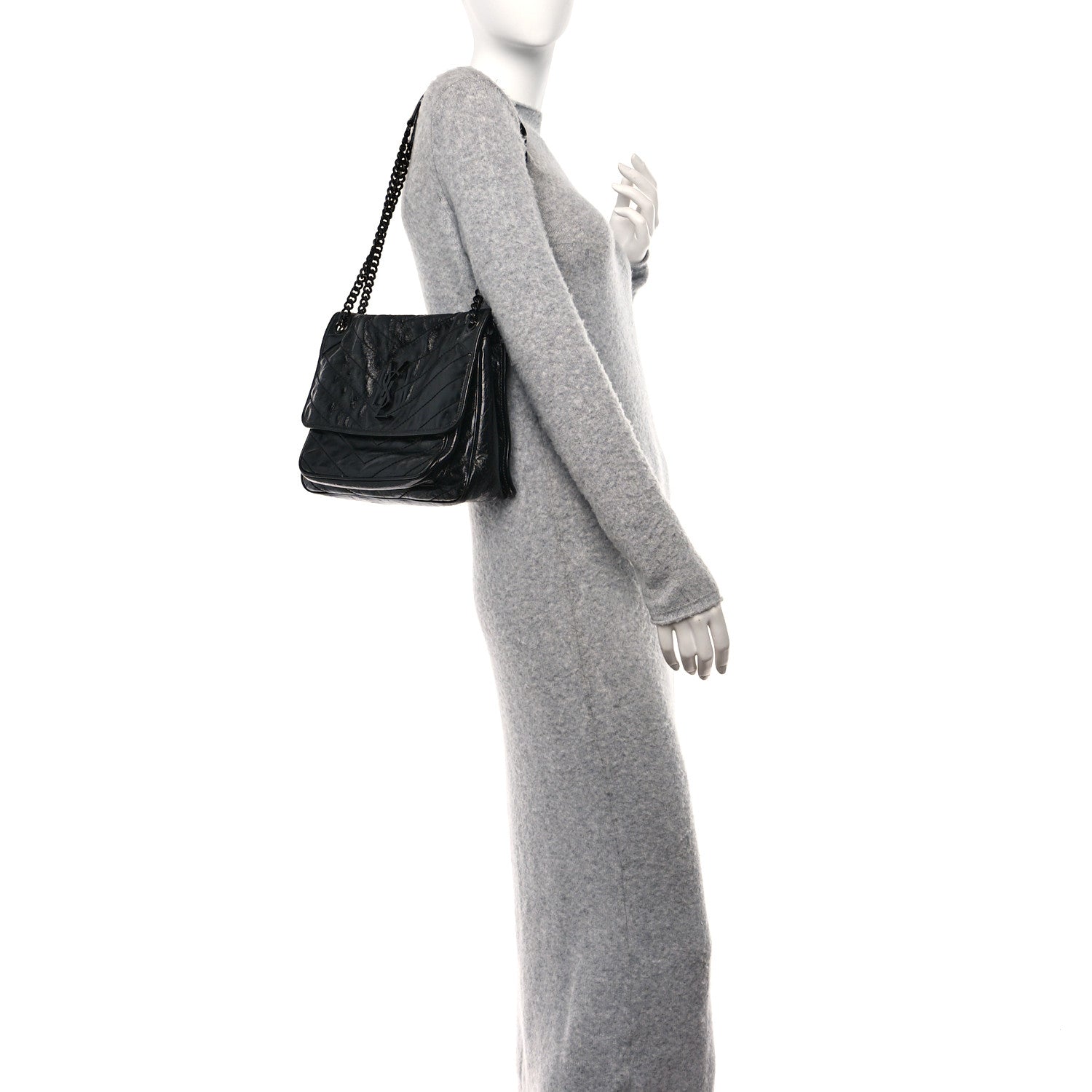 Saint Laurent Crinkled Calfskin Matelasse Monogram Medium Niki Chain Satchel Black 2 of 10