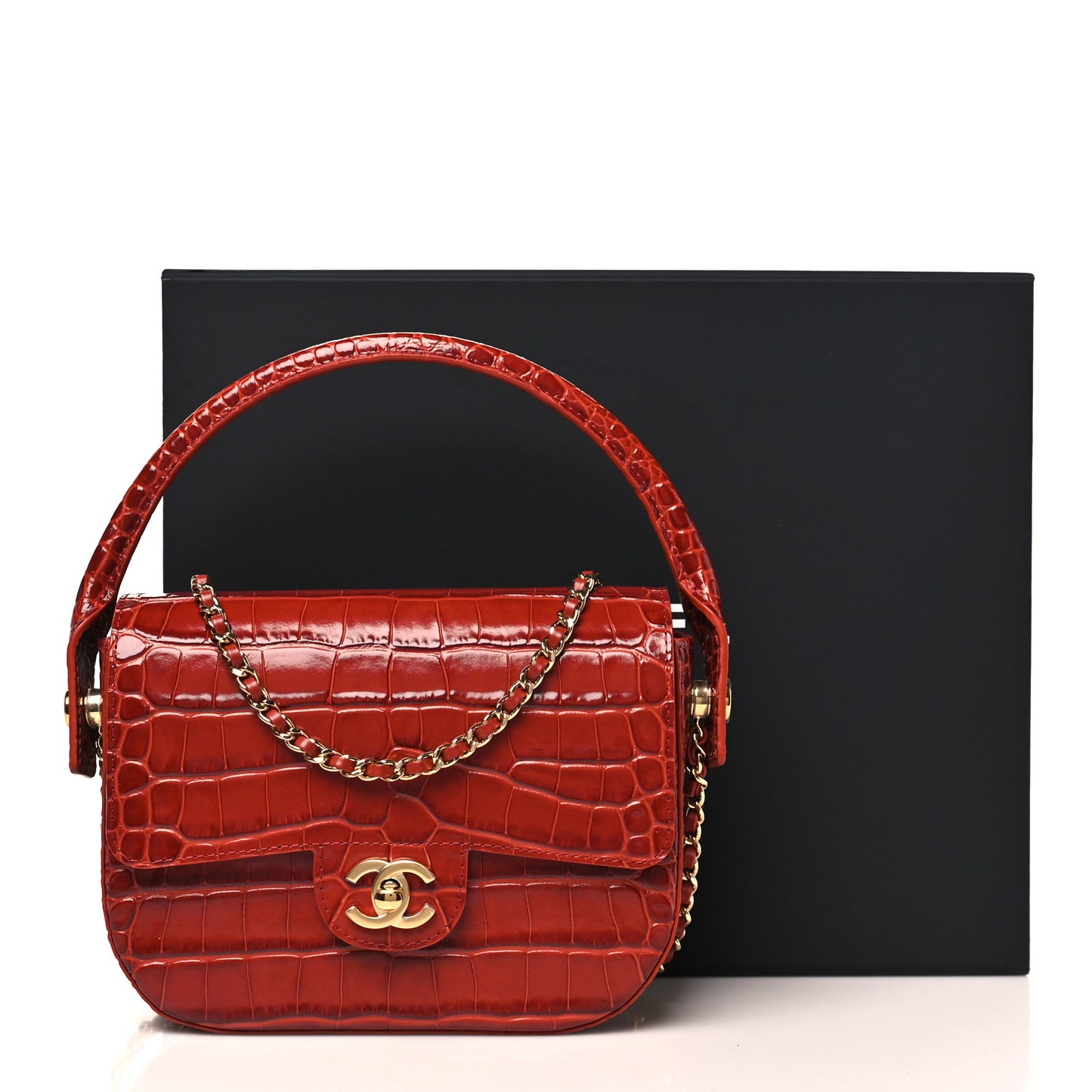 Calfskin Crocodile Embossed Turn Around Mini Flap Burgundy