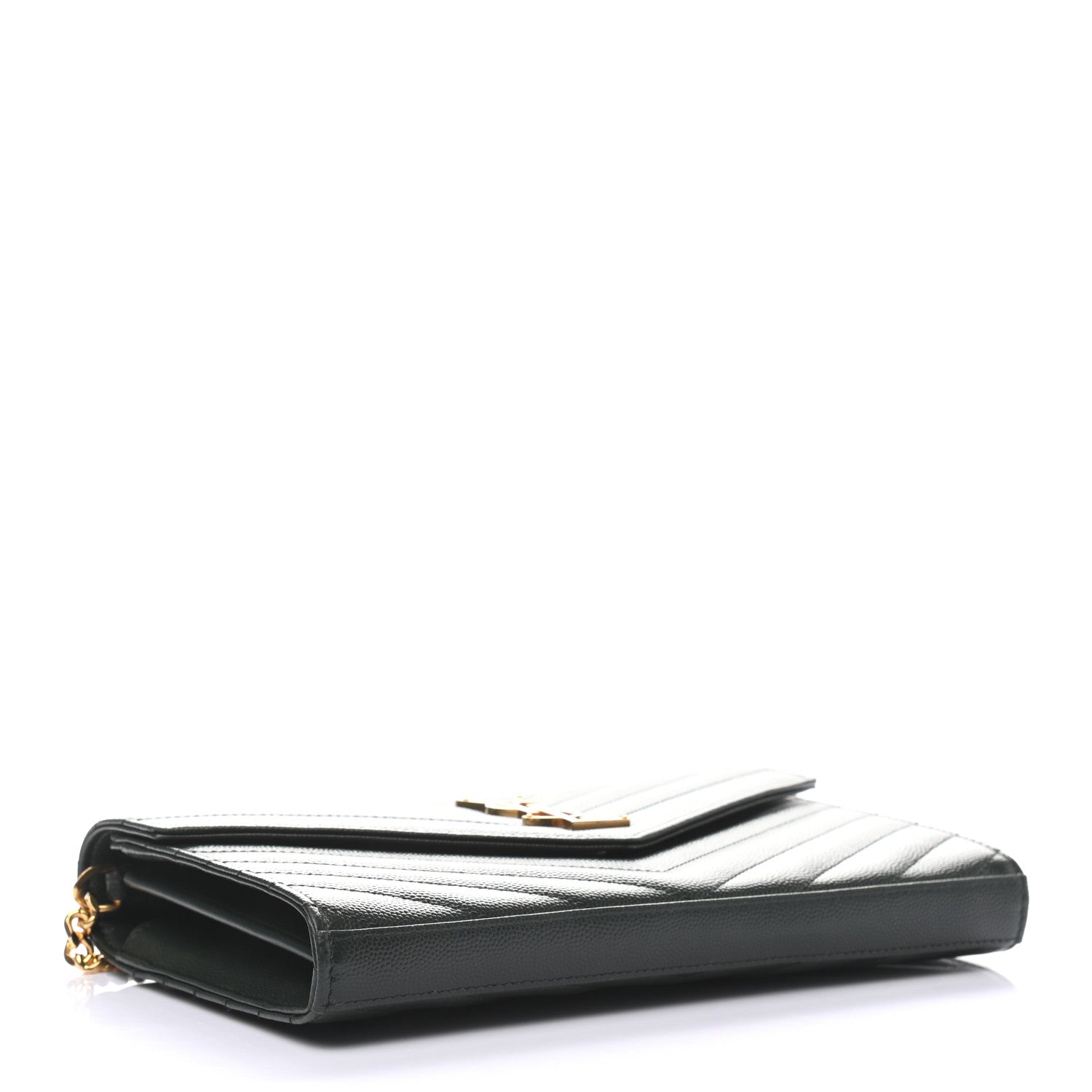 Saint Laurent Grain De Poudre Matelasse Chevron Monogram Chain Wallet Dark Green 3 of 9