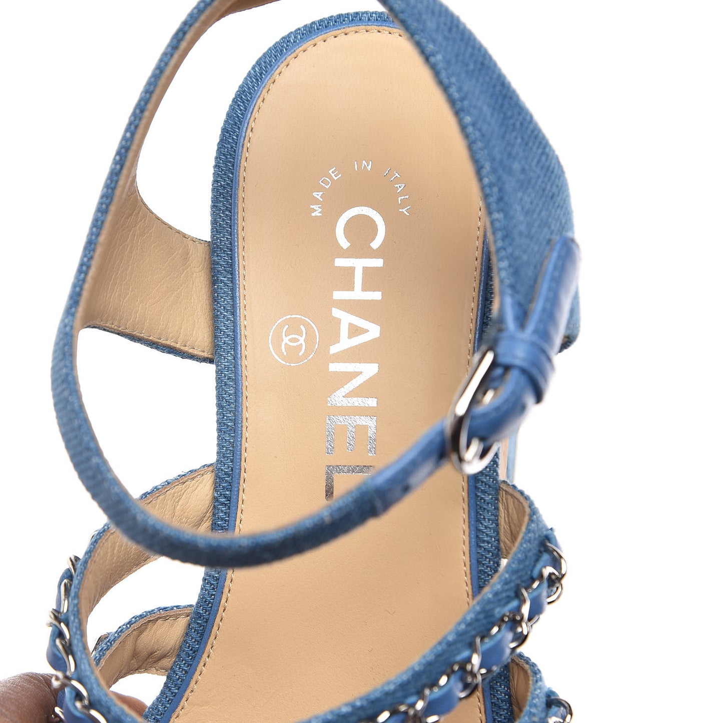Denim Cork Chain Wedge Sandals 37 Blue