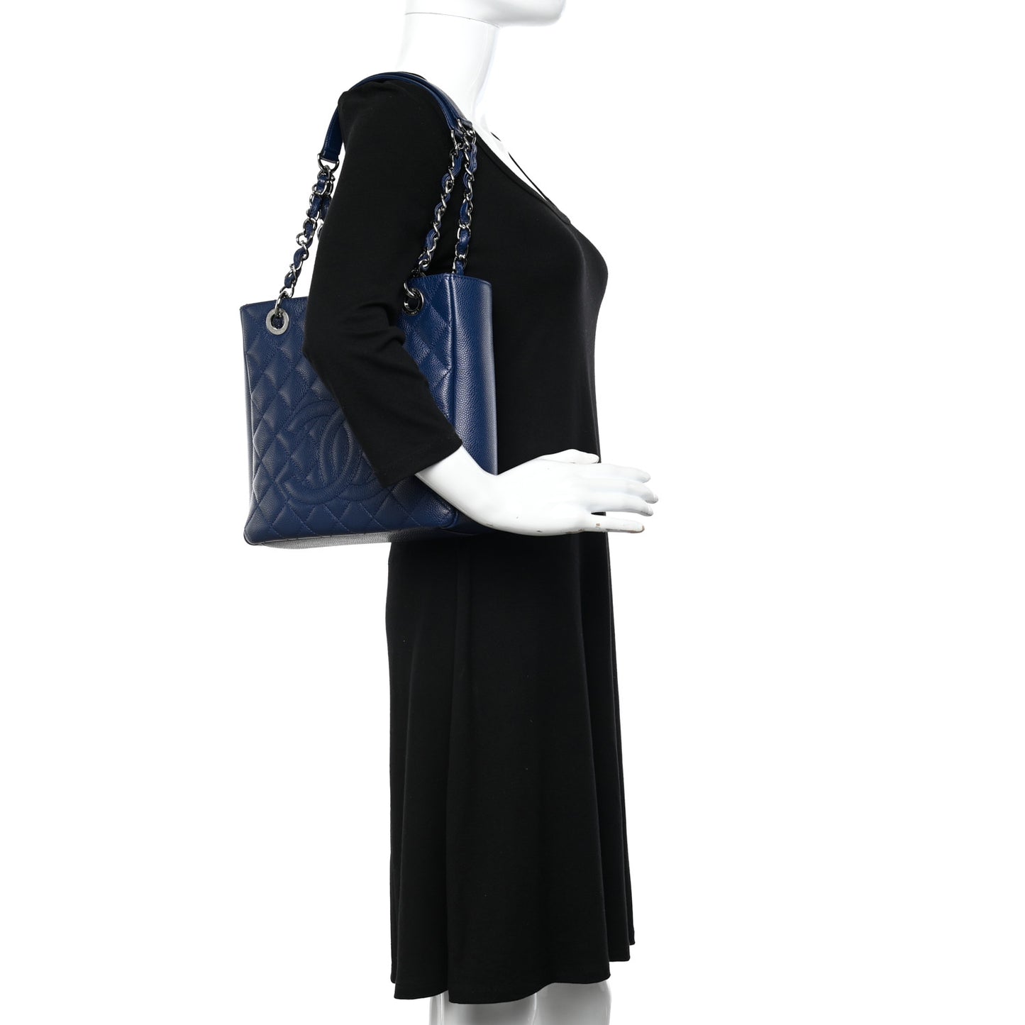 Caviar Quilted Petit Shopping Tote PST Navy Blue