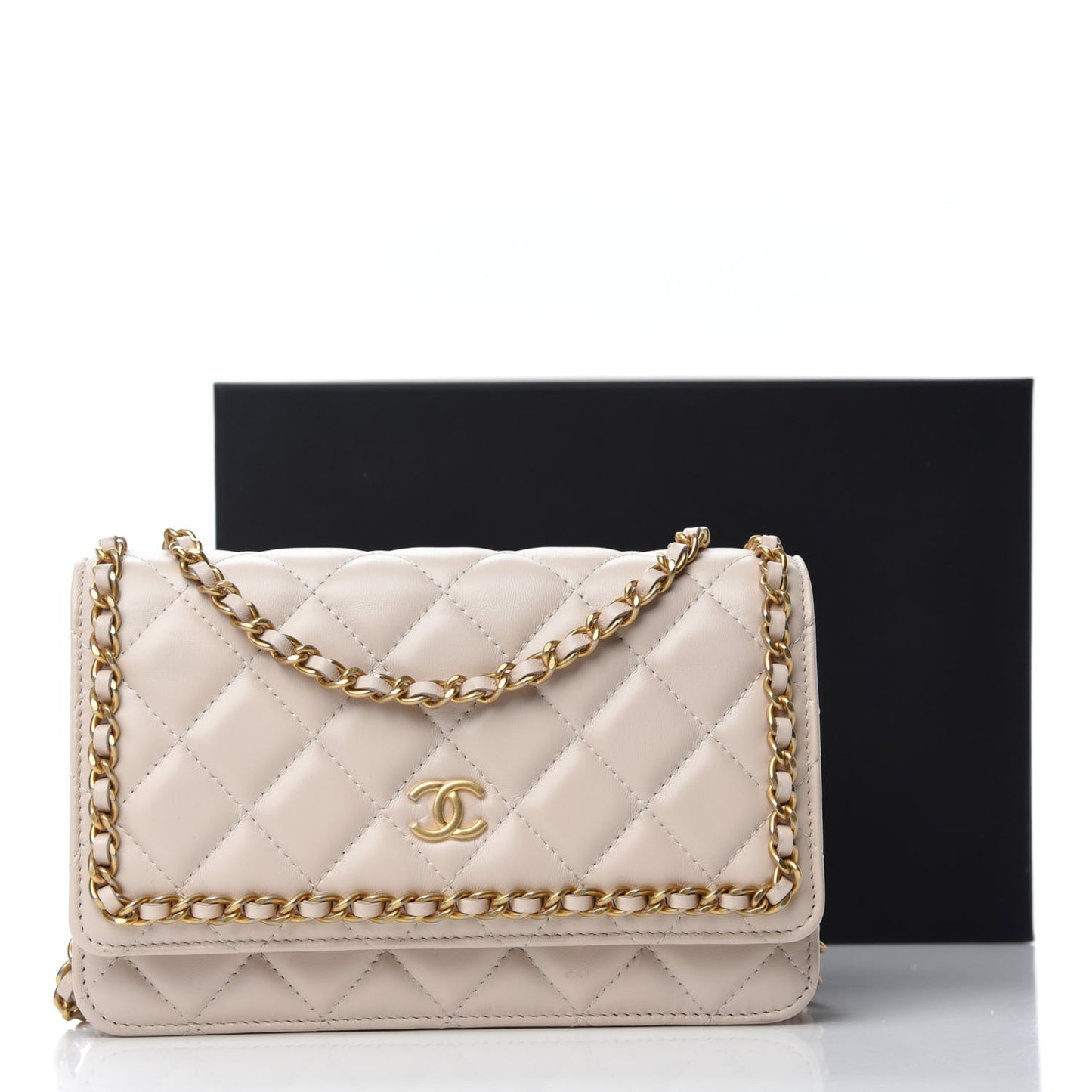 Lambskin Quilted Chain Around Wallet On Chain WOC Beige
