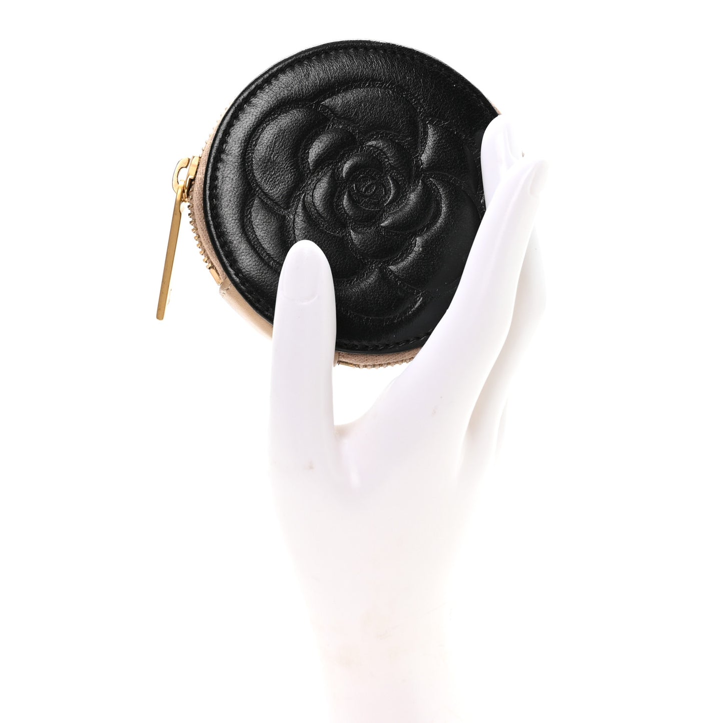 Lambskin Round Camellia CC Coin Purse Black