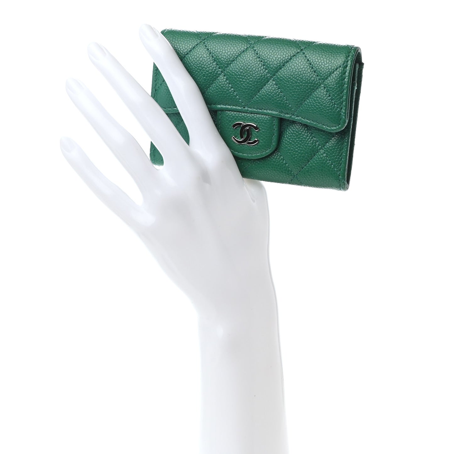Caviar Quilted Flap Card Holder Wallet Green