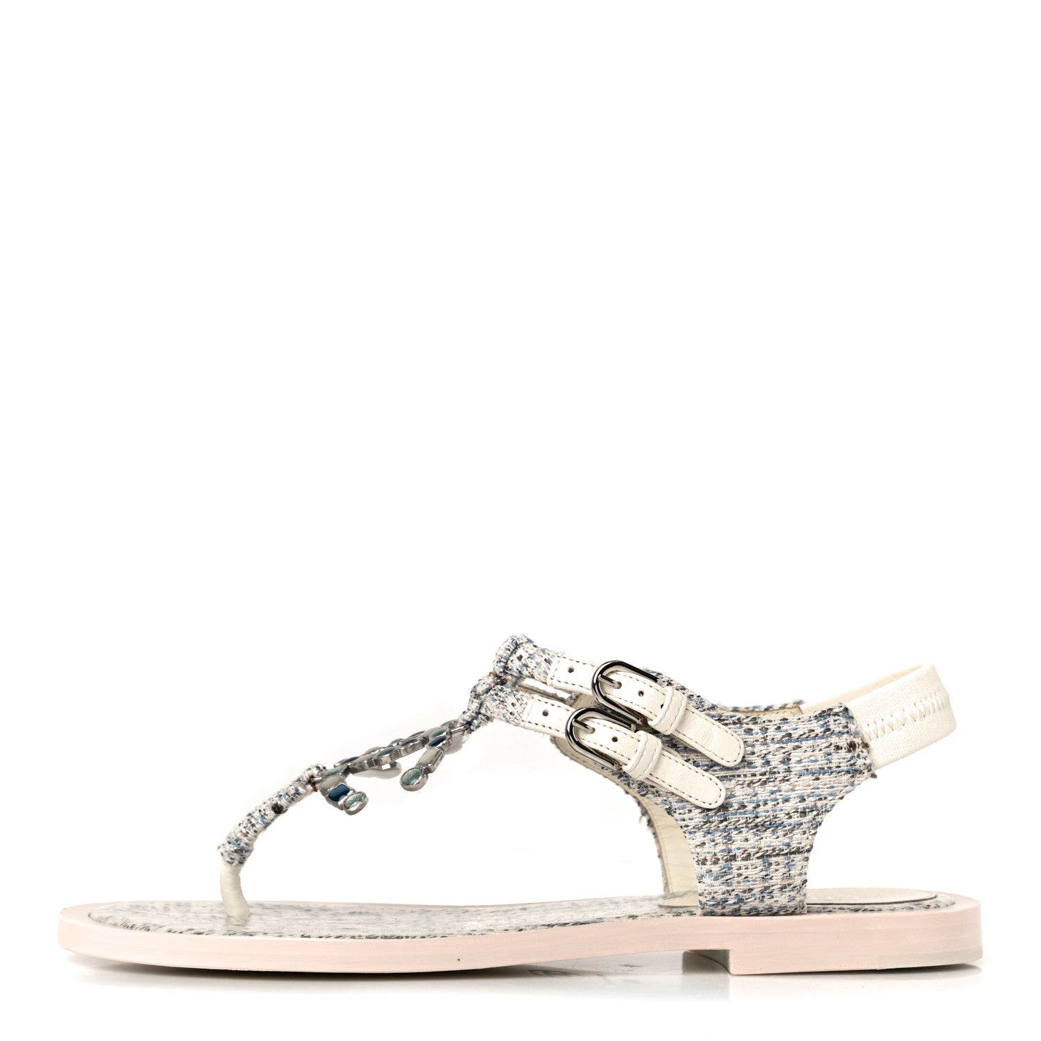 Chanel Tweed CC Thong Sandals 38 Ecru Blue Beige Grey 1 of 11